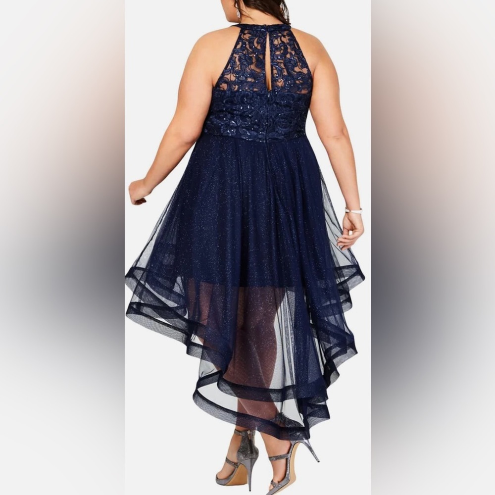 Say Yes To The Prom Women's Trendy Plus Size 16, 20 Embellished Hi Lo Dress Navy
